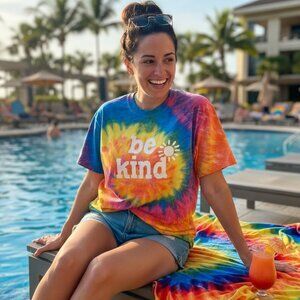🌈 Destination Tie Dye "Be Kind" Graphic T-Shirt Large ☀️
